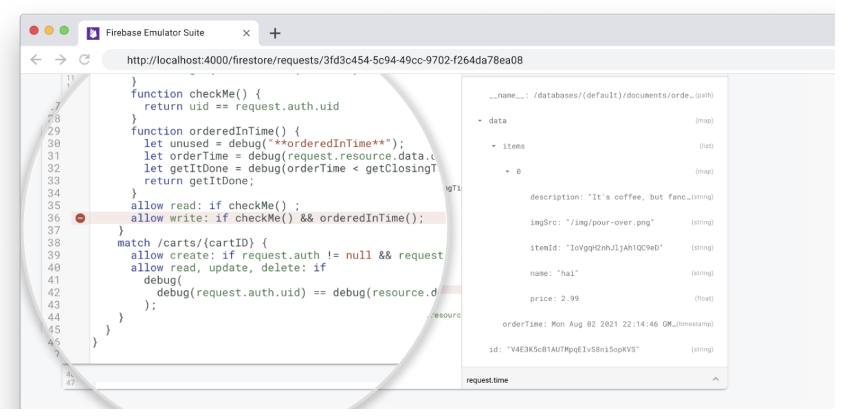 El Monitor de solicitudes del emulador de Firestore, que muestra las evaluaciones de reglas de seguridad