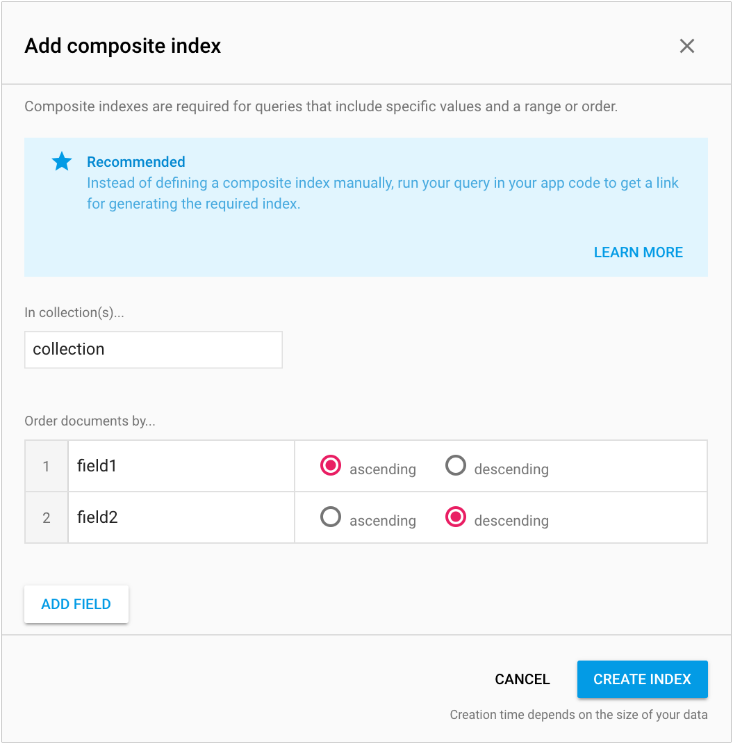 Imagen de la interfaz de indexación de Firestore en Firebase Console.