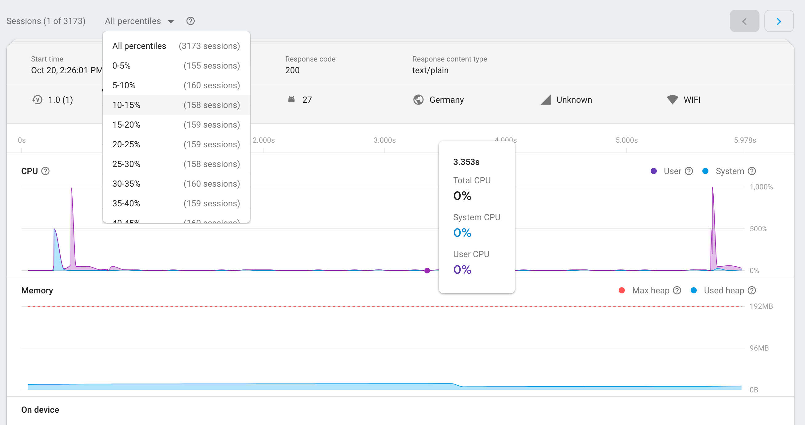 obraz strony sesji Firebase Performance Monitoring