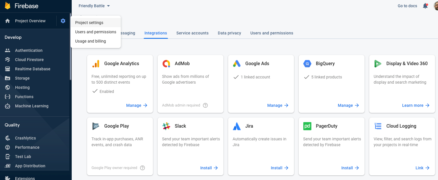 Integrations screen in the Firebase console