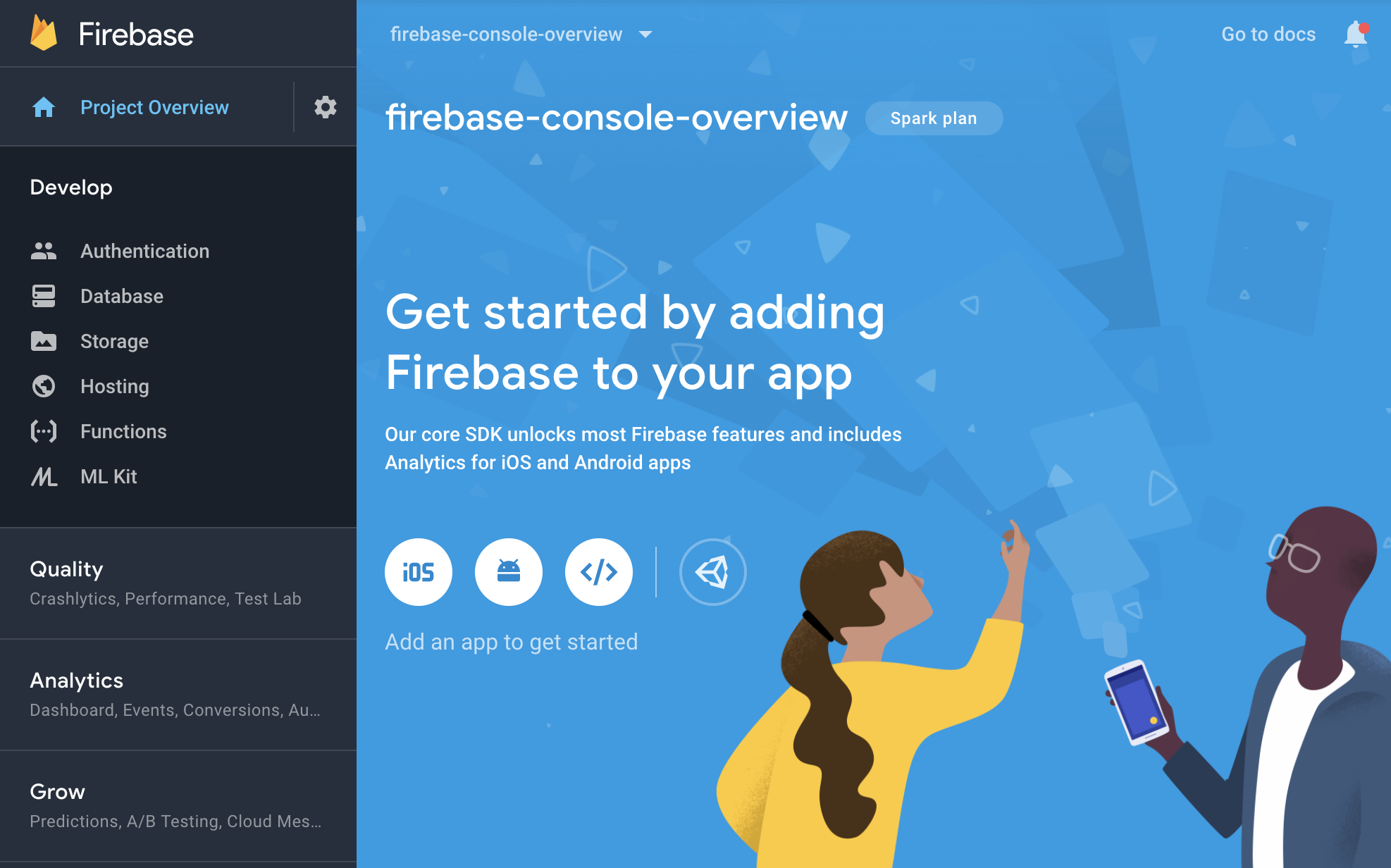 คอนโซล Firebase - หน้าจอภาพรวมโปรเจ็กต์
