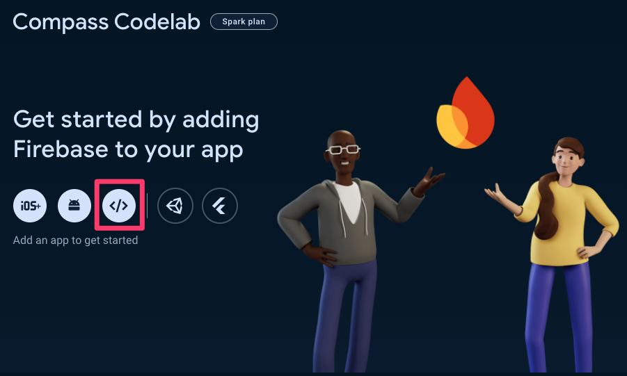 Firebase Console의 프로젝트 개요 상단에 있는 웹 버튼