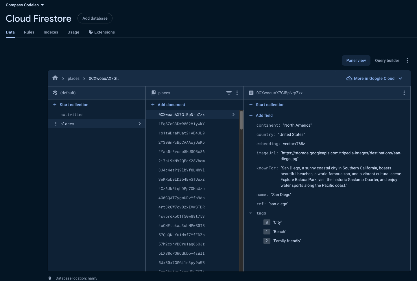 Firebase 控制台中的 Compass 示例数据