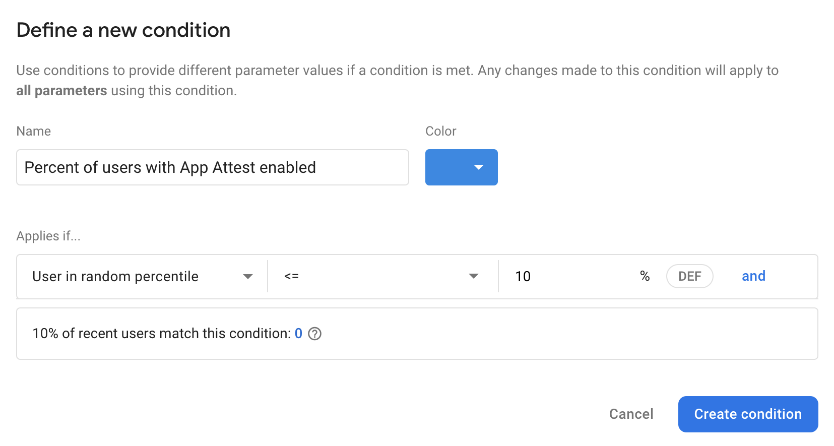 Définir une condition de configuration à distance dans la console Firebase