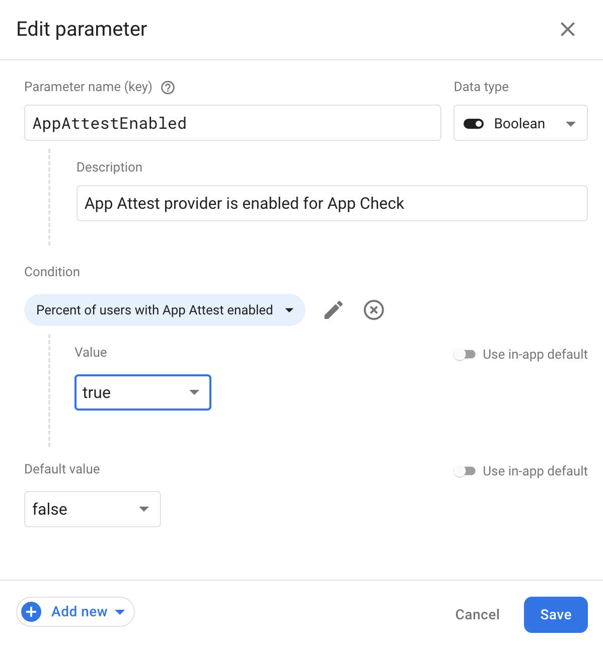 Revendo o parâmetro do Configuração remota no Console do Firebase