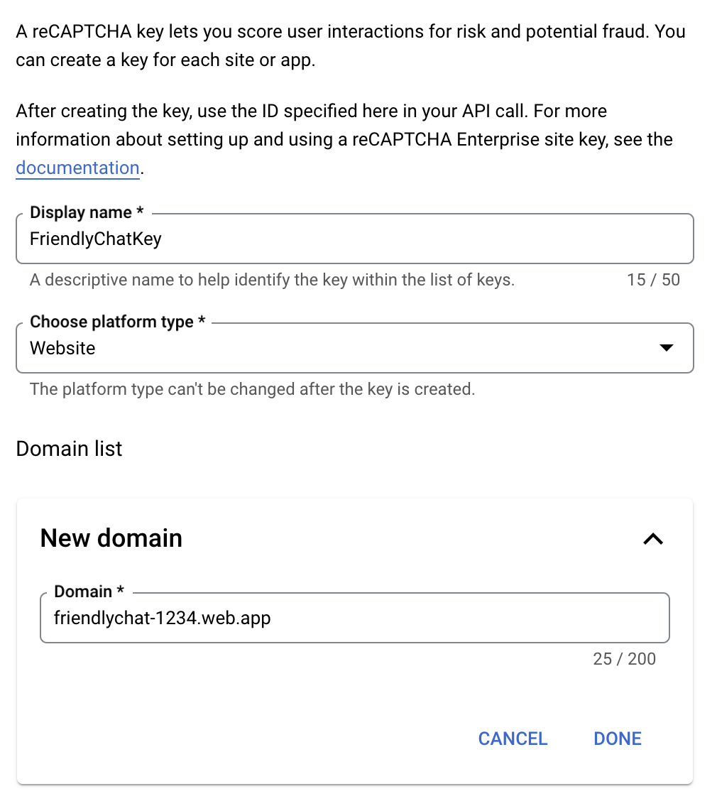 reCAPTCHA 建立金鑰畫面