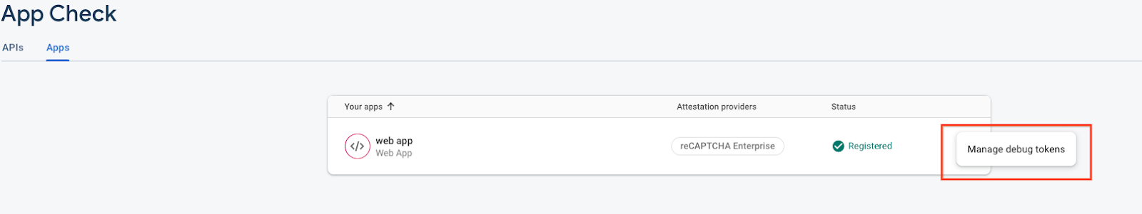 The App Check dashboard indicating the Manage Debug Tokens location
