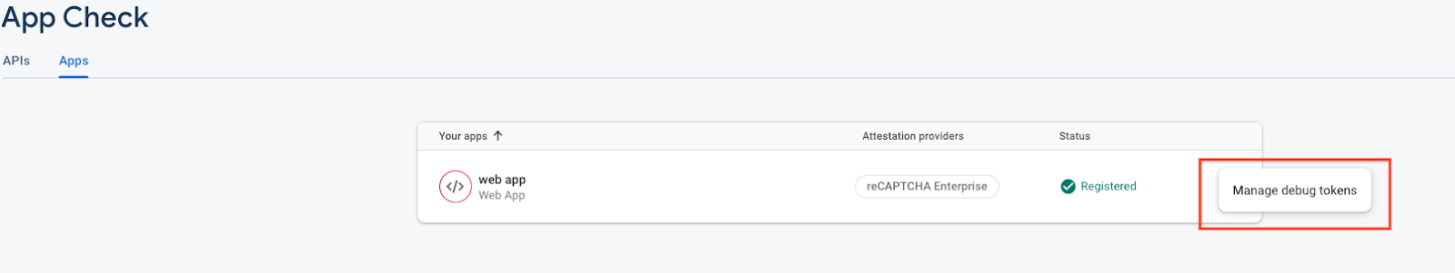 應用程式檢查資訊主頁,顯示「管理偵錯權杖」的位置