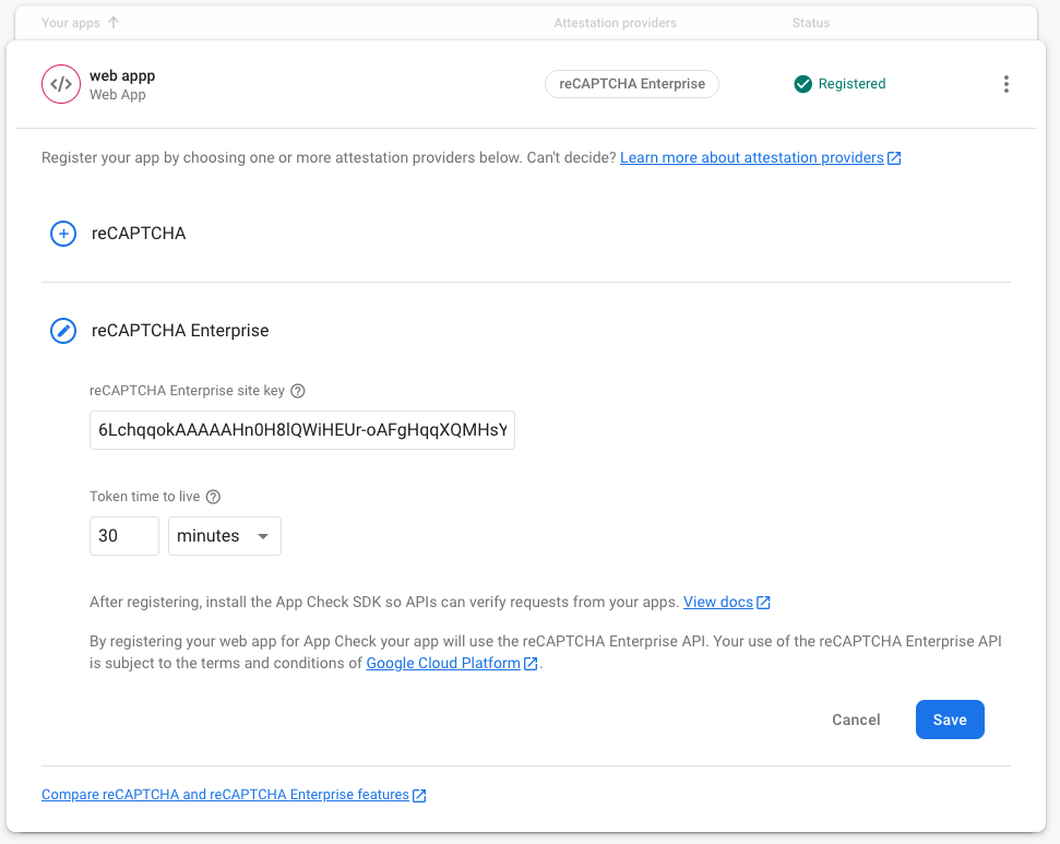 หน้าต่างแอป App Check ที่คุณลงทะเบียนโทเค็น reCAPTCHA Enterprise