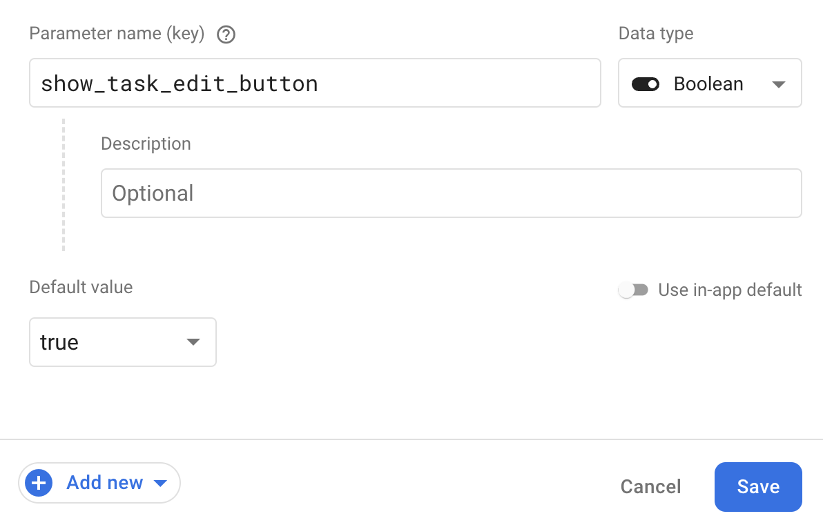 Remote Config の [パラメータを作成] ダイアログ