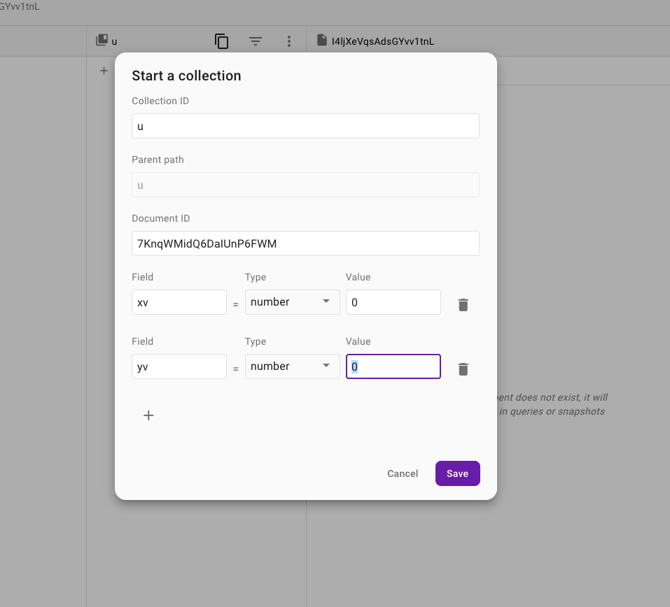 Tela dos emuladores do Firebase para adicionar um registro do Firestore