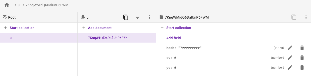 Firestore database screen from an emulator showing hash added