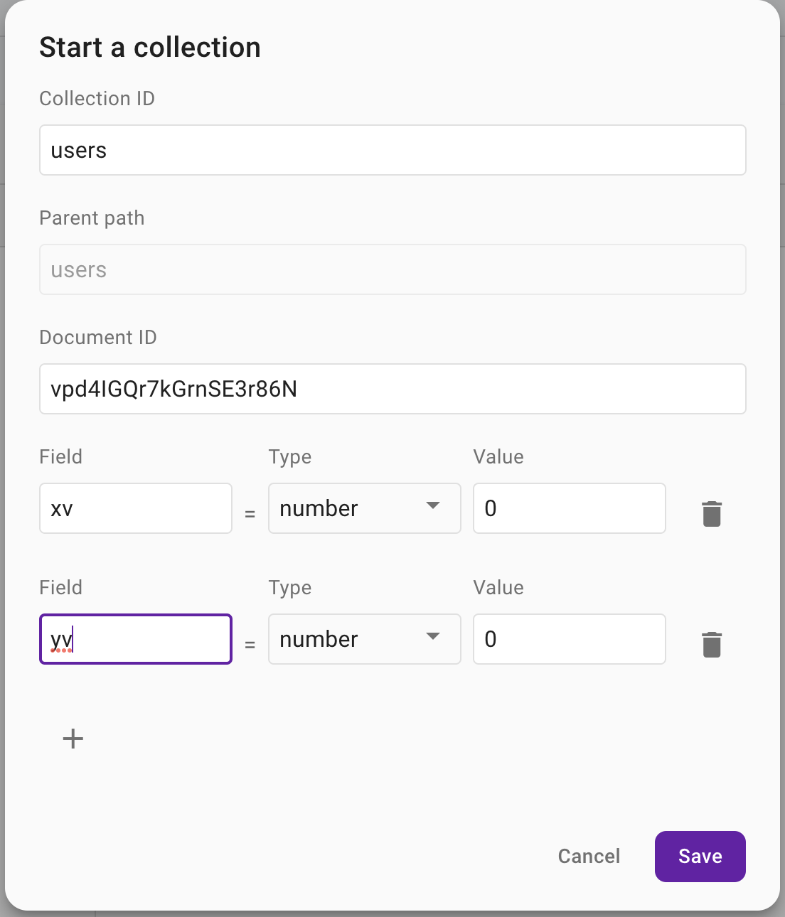 กล่องโต้ตอบที่แสดงในโปรแกรมจำลอง Firebase เพื่อเริ่มคอลเล็กชันที่มีรหัสคอลเล็กชันที่มีวลี 