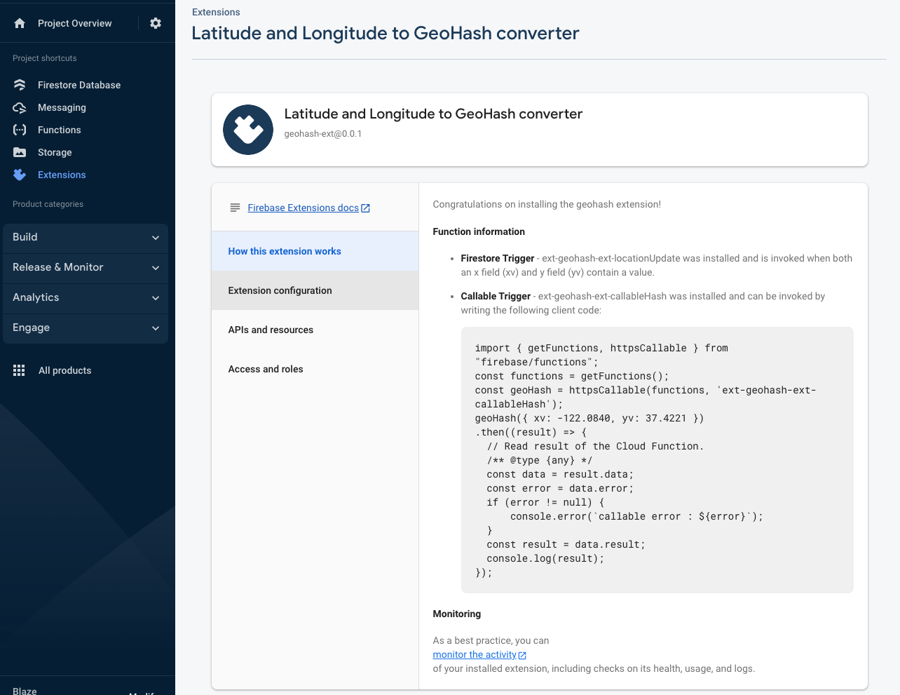 A extensão geohash exibida no console do Firebase