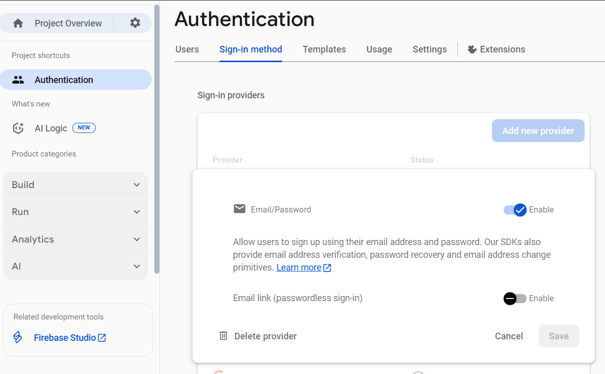Firebase konsolunda e-posta kimlik doğrulamasını etkinleştirme