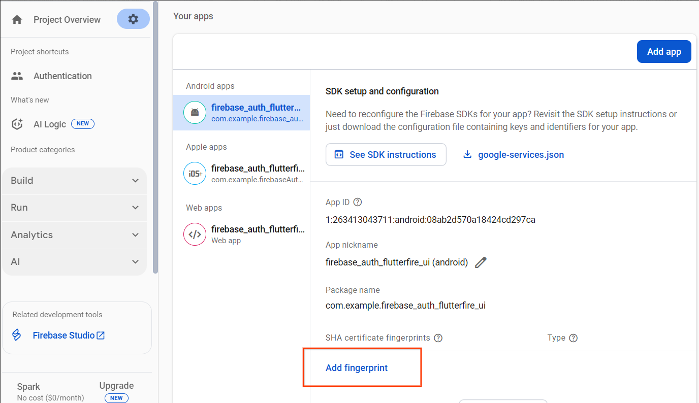 Thêm dấu vân tay vào một ứng dụng Android trong Bảng điều khiển của Firebase