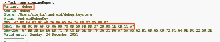 gradlew signingReport komutunun çıktısı