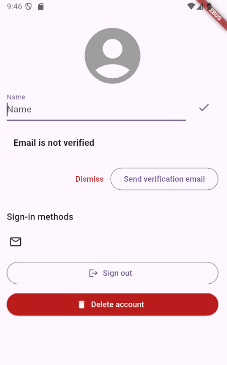 Pantalla de perfil con autenticación por correo electrónico implementada