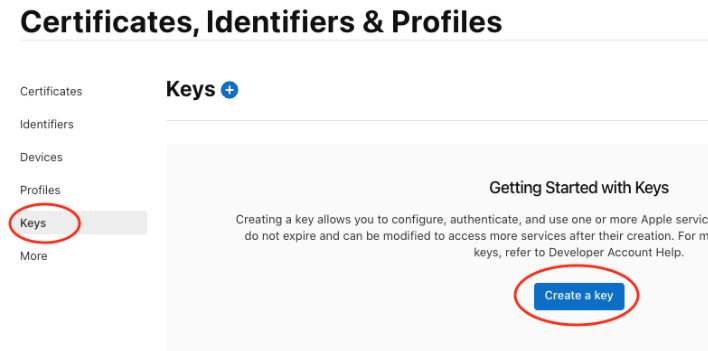 Captura de pantalla recortada de la página del desarrollador de Apple en la que se destacan los componentes de la página para la creación de claves
