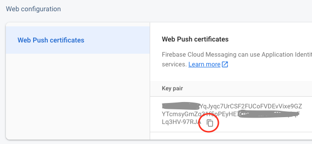 Captura de tela cortada do componente &quot;Certificados de push da Web&quot; da página de configuração da Web que destaca o par de chaves