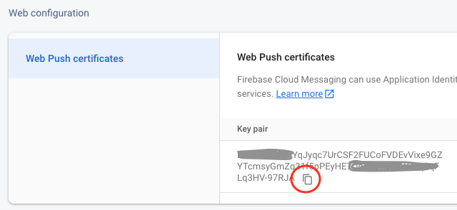 Captura de pantalla recortada del componente Certificados push web de la página de configuración web que destaca el par de claves