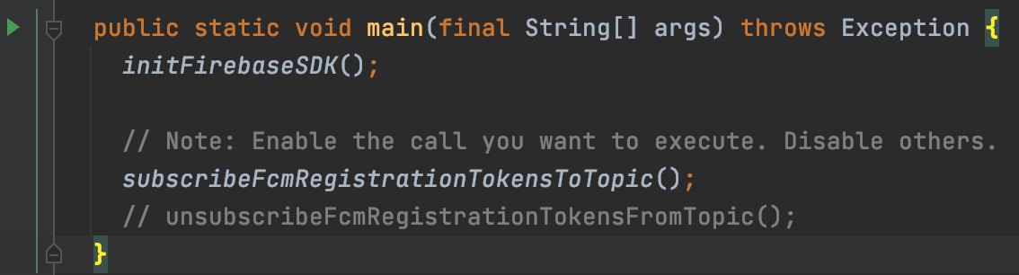 Android Studio 中 FcmSubscriptionManager.java 主要函式旁顯示的「Run」圖示裁剪螢幕截圖