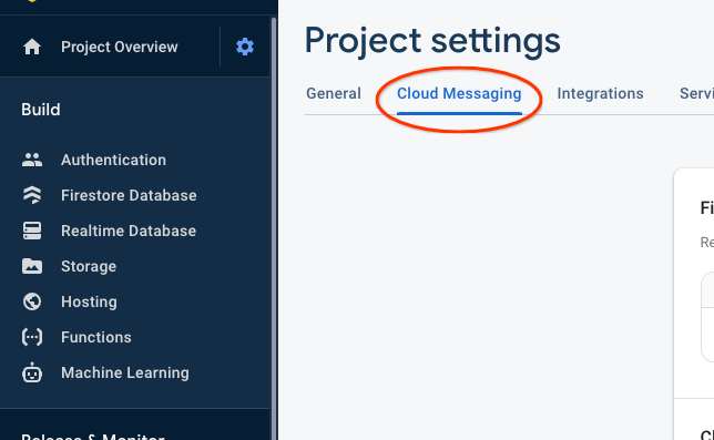 Screenshot halaman Firebase Console yang dipangkas yang menyoroti tab Cloud Messaging