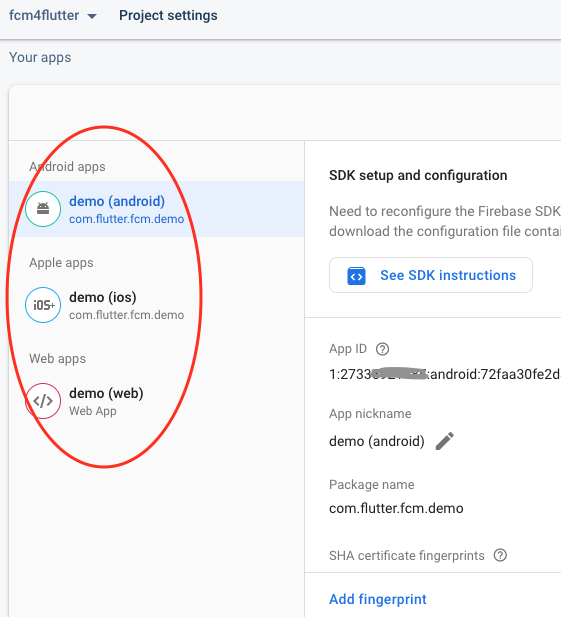 Firebase कंसोल का काटा गया स्क्रीनशॉट, जिसमें चुने गए प्लैटफ़ॉर्म के लिए बनाए गए ऐप्लिकेशन दिखाए गए हैं