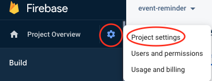 Ein zugeschnittener Screenshot der Firebase-Konsole, der das Symbol für das Projekteinstellungsmenü und das hervorhebt
