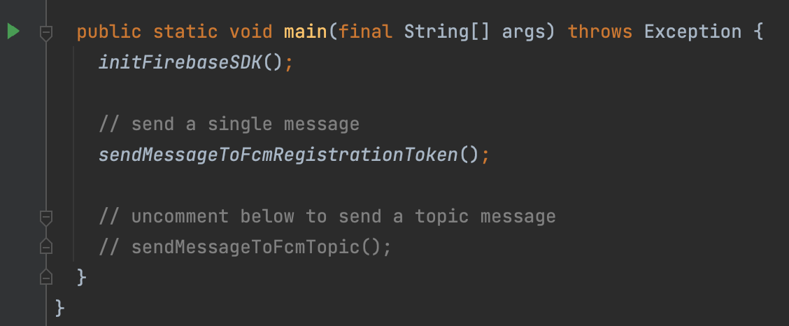 Captura de tela cortada do ícone &quot;Run&quot; mostrado ao lado da função principal FcmSender.java no Android Studio