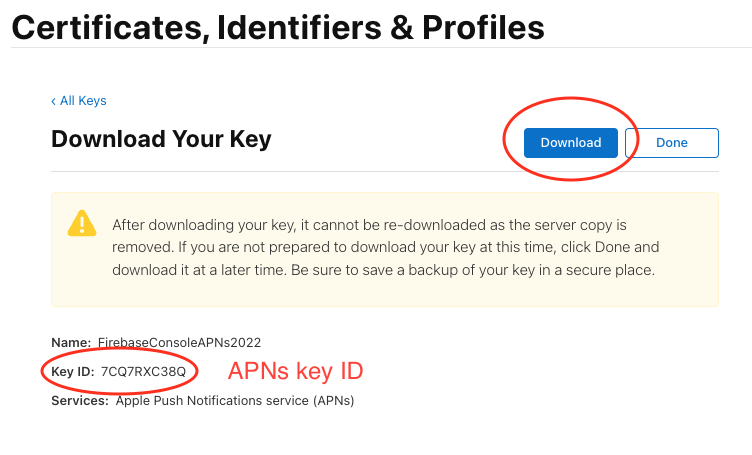 Uma captura de tela cortada da página do desenvolvedor da Apple destacando o botão para fazer o download de uma chave
