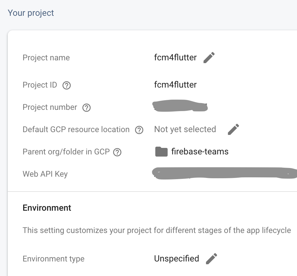 Ảnh chụp màn hình đã cắt của Bảng điều khiển của Firebase, trong đó mã dự án được đánh dấu nổi bật