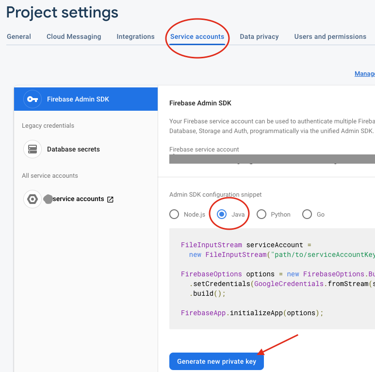 Przycięty zrzut ekranu z wyróżnionymi fragmentem konfiguracji pakietu Admin SDK w komponencie kont usługi na stronie ustawień projektu 