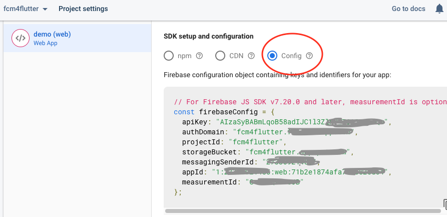 Una captura de pantalla recortada del componente de aplicación web de la página de configuración de Firebase