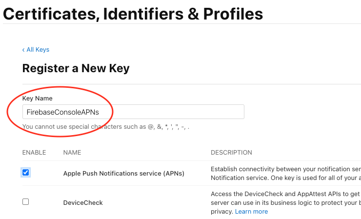 Screenshot halaman developer Apple yang dipangkas yang menyoroti kotak teks untuk nama kunci baru