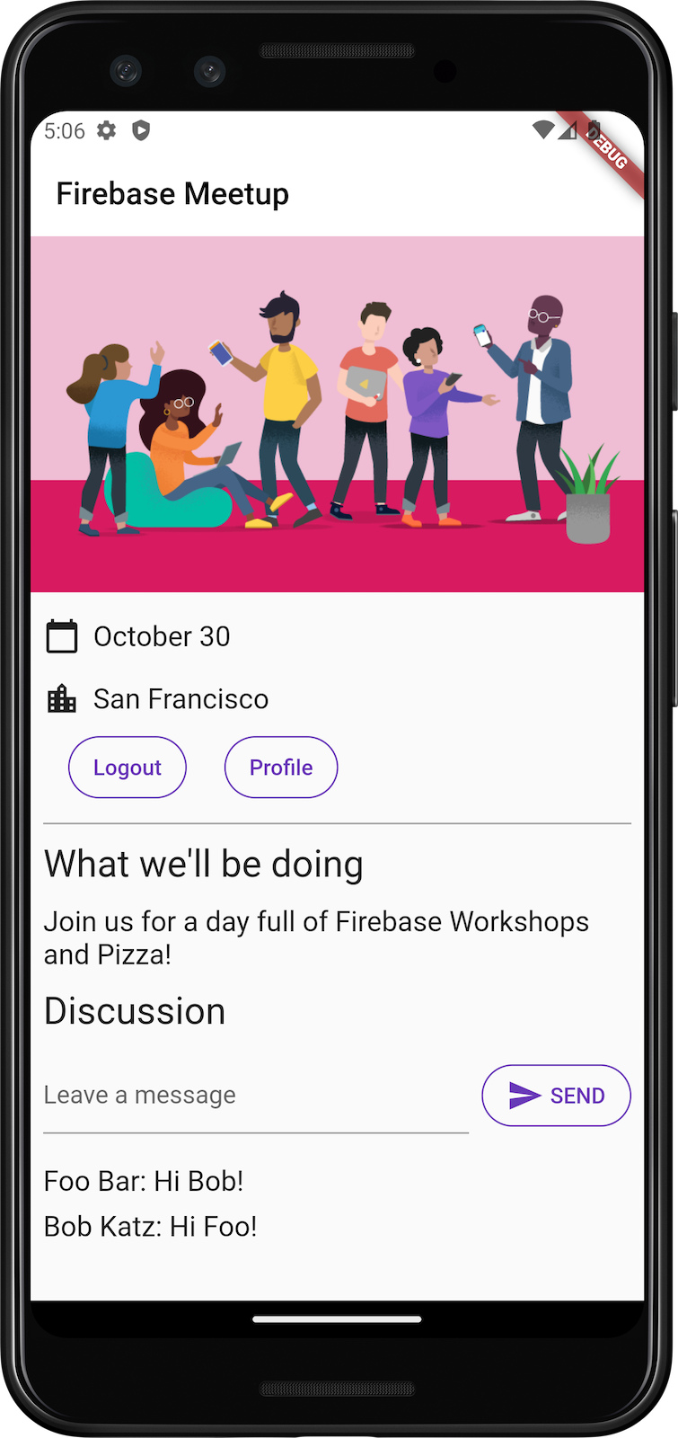 A tela inicial do app no ​​Android com integração de chat