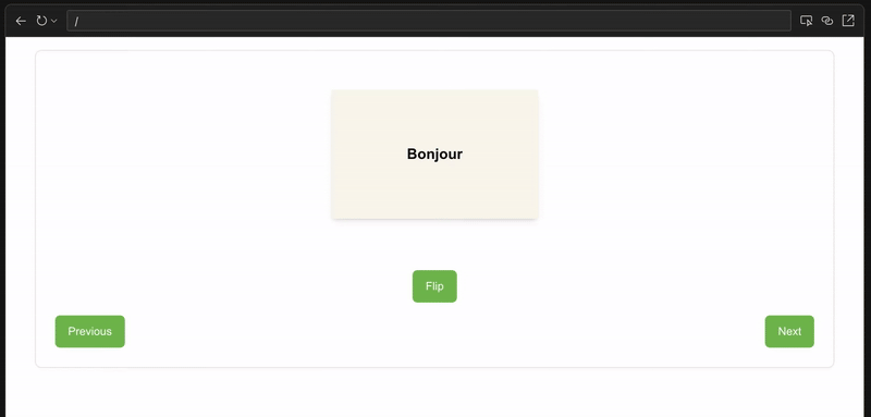 Animated gif of flash cards swapping between French and English