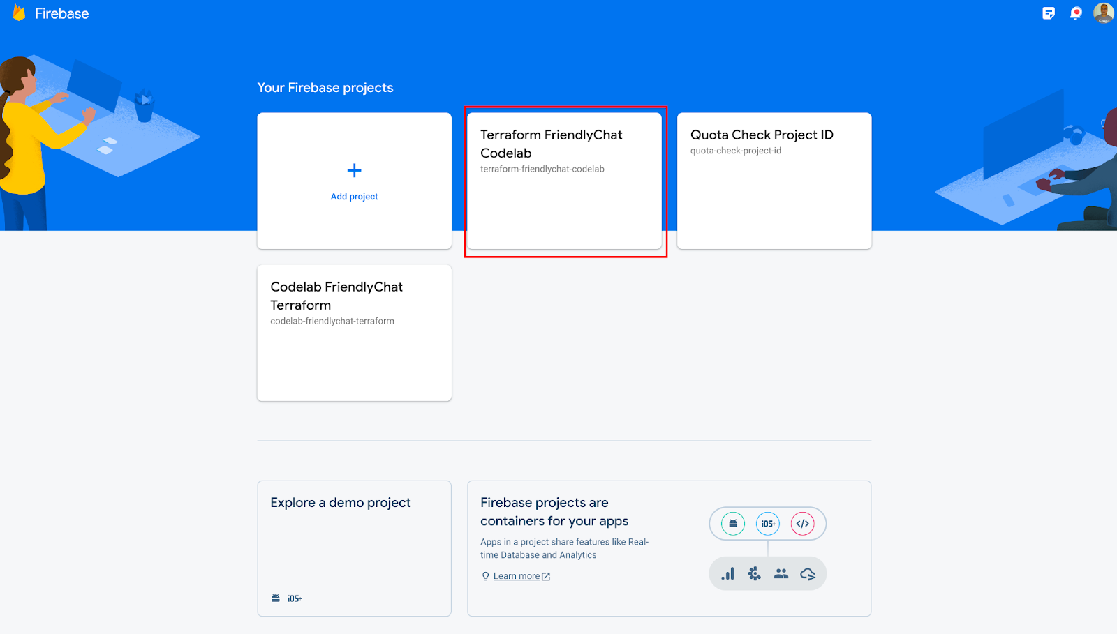 โปรเจ็กต์ Denform friendlyChat Codelab ที่เลือกในคอนโซล Firebase