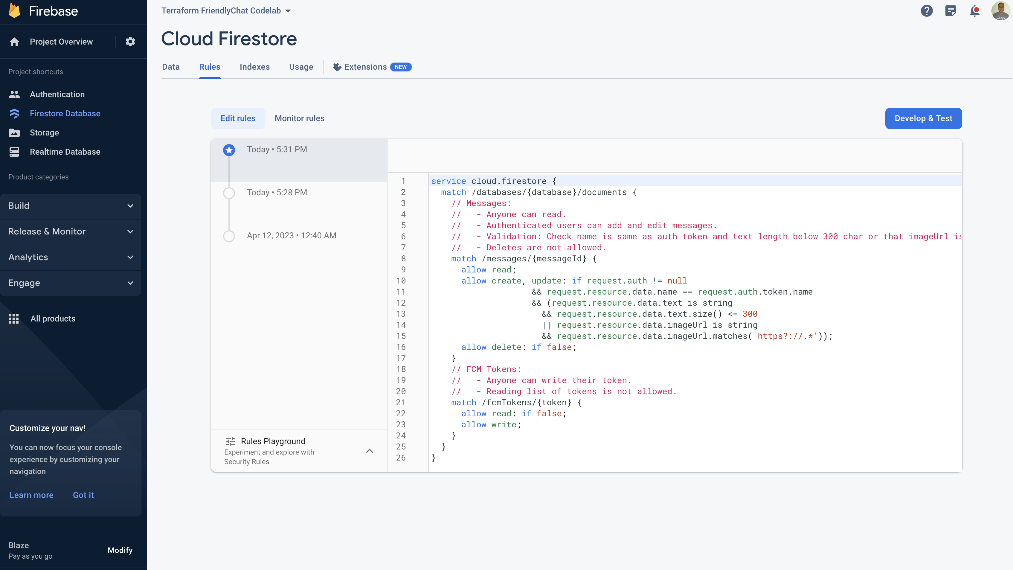 Firebase कंसोल का इस्तेमाल करके, Cloud Firestore के नियमों की पुष्टि करना