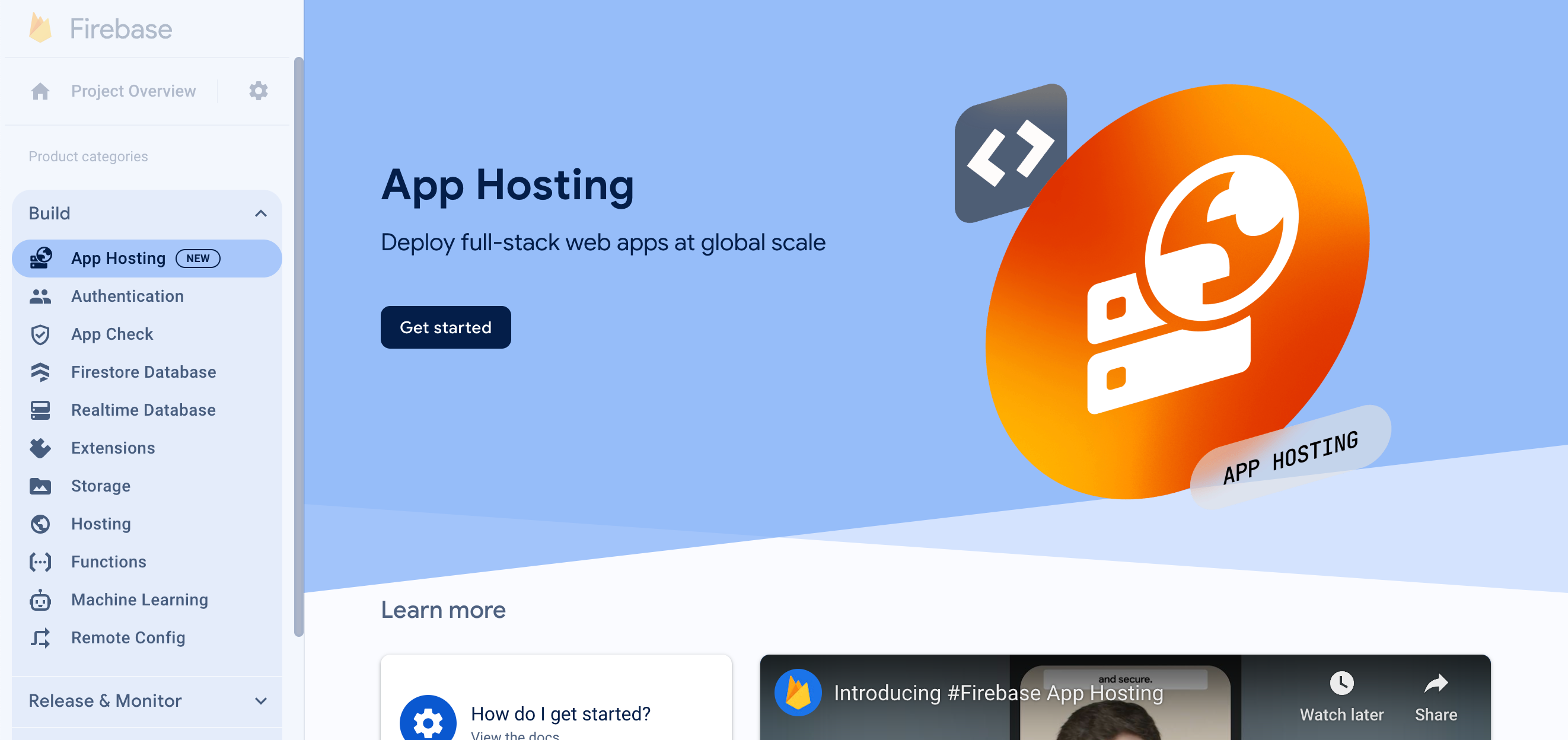 Der Nullstatus der App Hosting-Konsole mit der Schaltfläche „Erste Schritte“