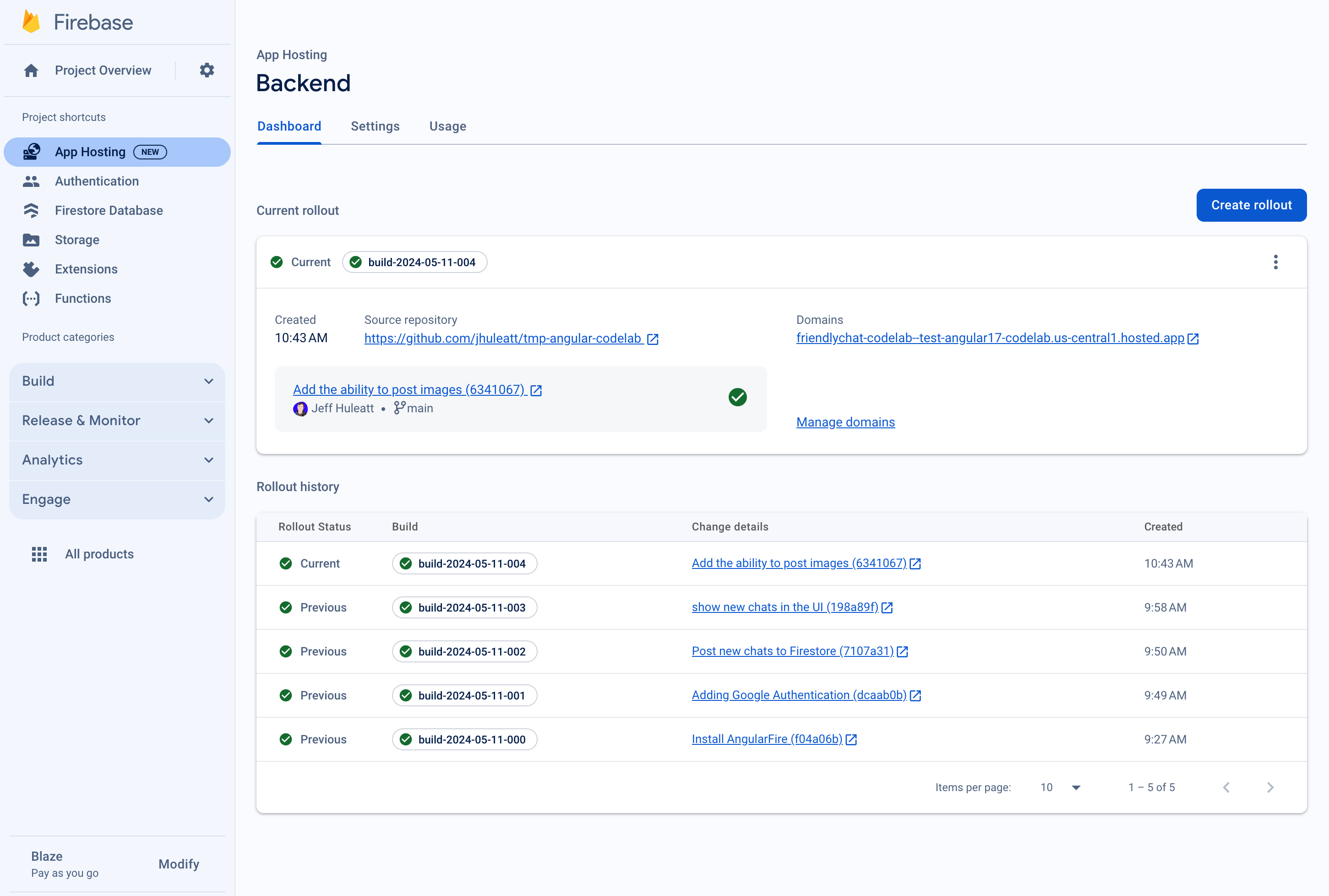 El estado cero de la consola de App Hosting, con un “Primeros pasos” botón