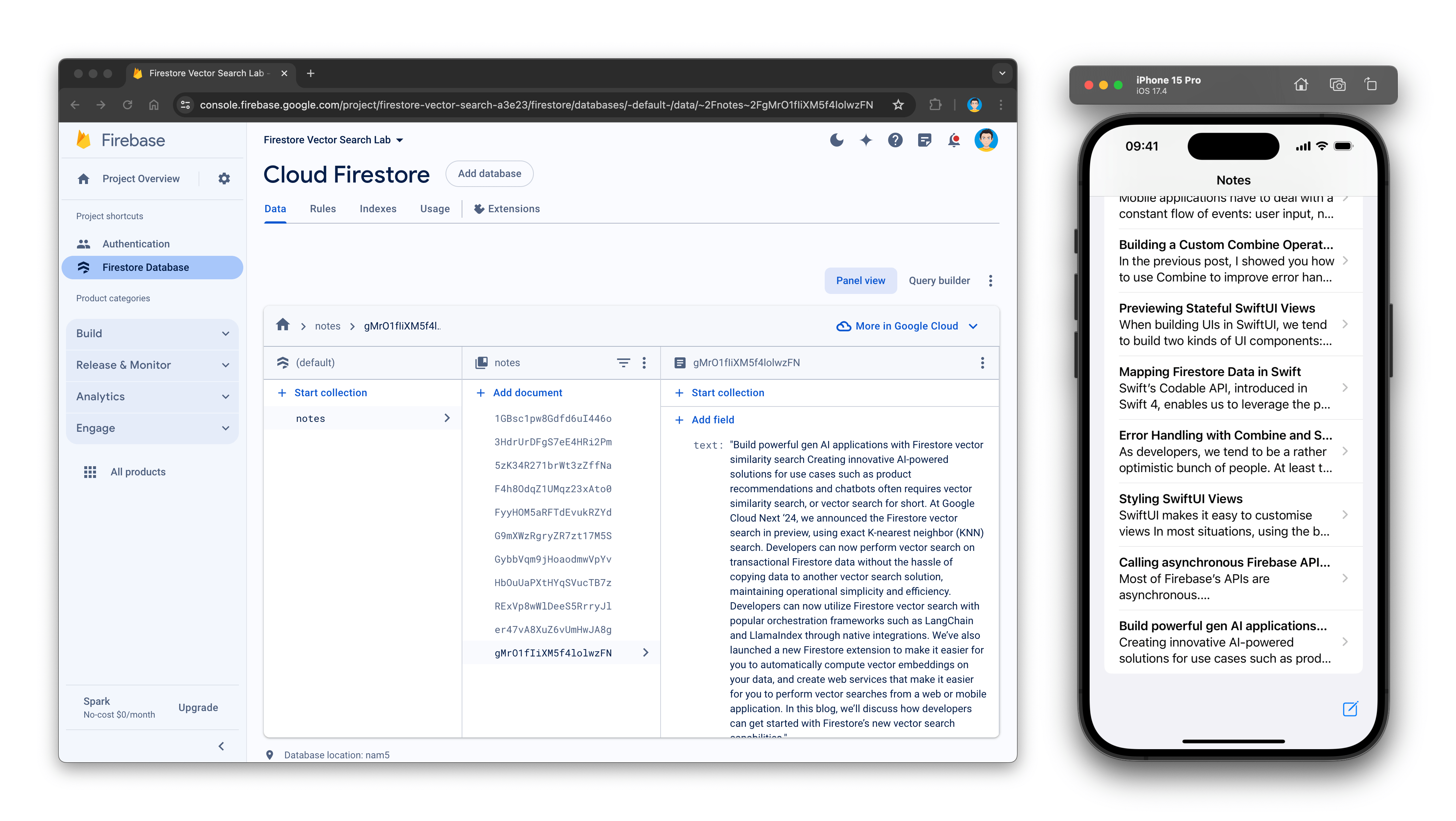 Consola de Cloud Firestore que muestra algunos documentos, junto con el simulador de iOS que muestra los mismos documentos