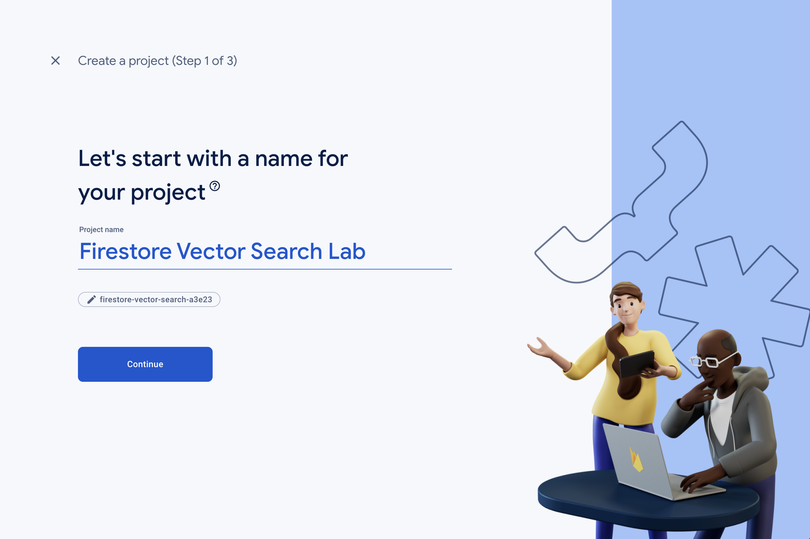 Create a project, step 1 of 3: choosing the project name