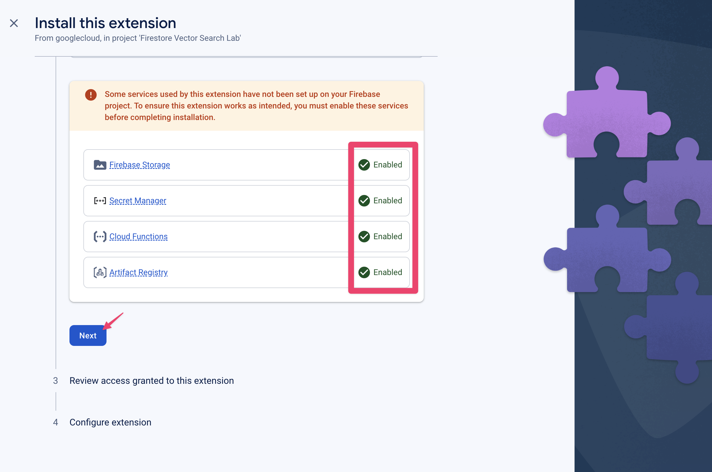 启用所有服务后,点击“下一步”