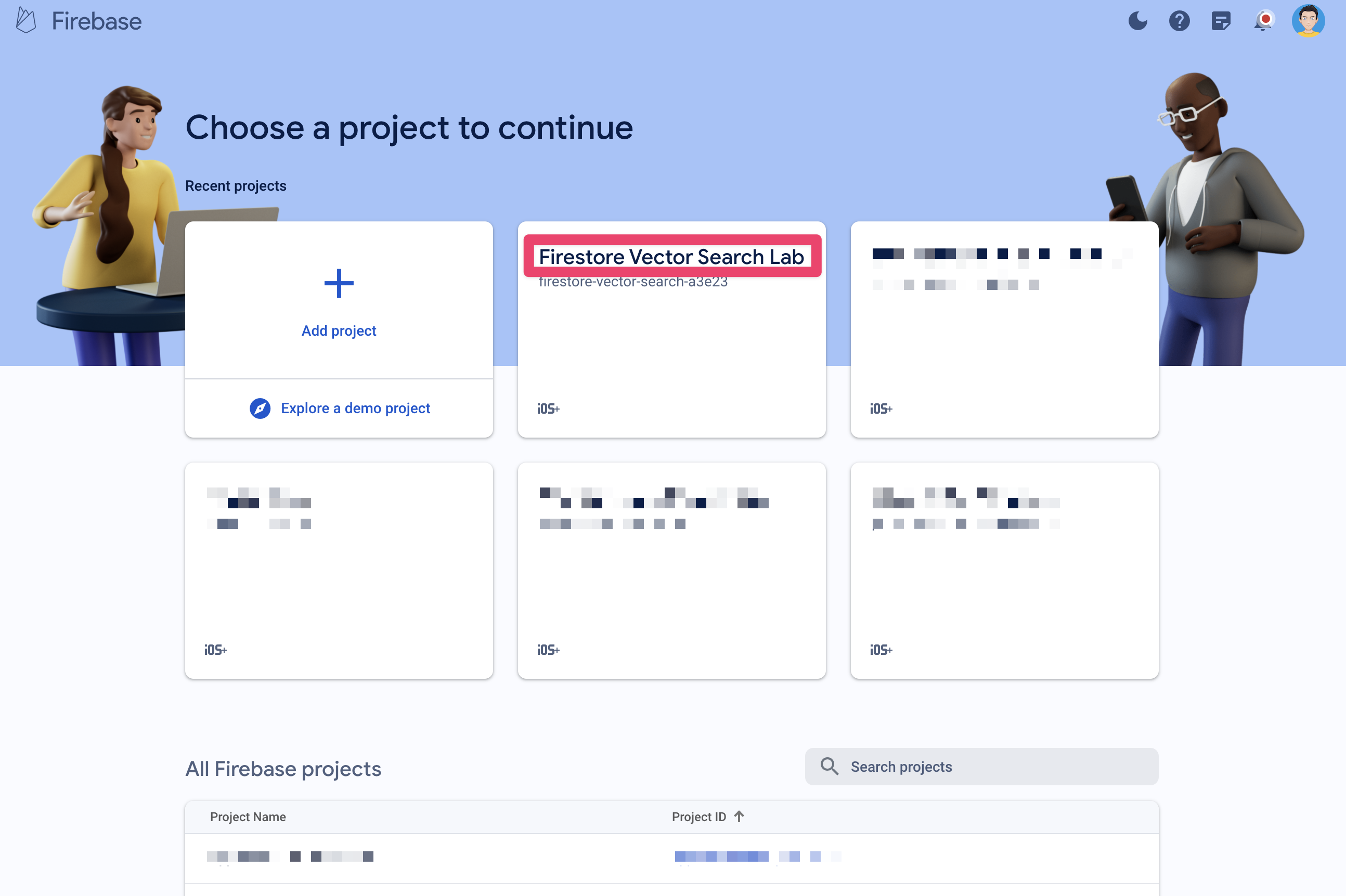 หน้าจอเครื่องมือเลือกโปรเจ็กต์ Firebase