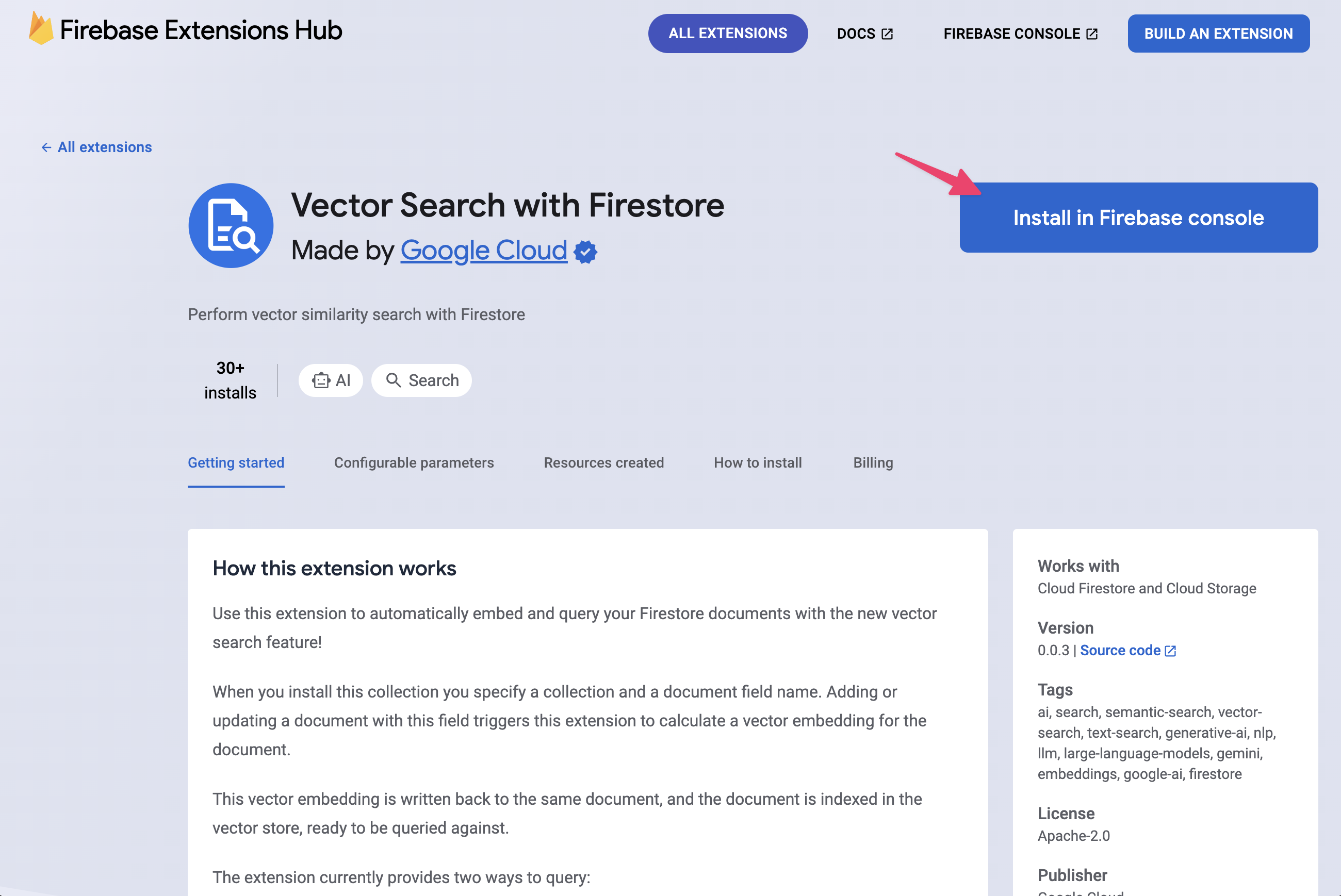 Vector Search with Firestore 擴充功能的安裝按鈕