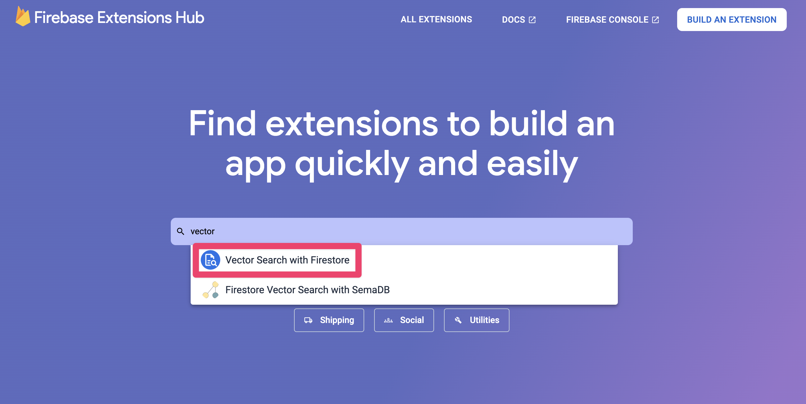 หน้า Landing Page ของ Firebase Extensions Hub