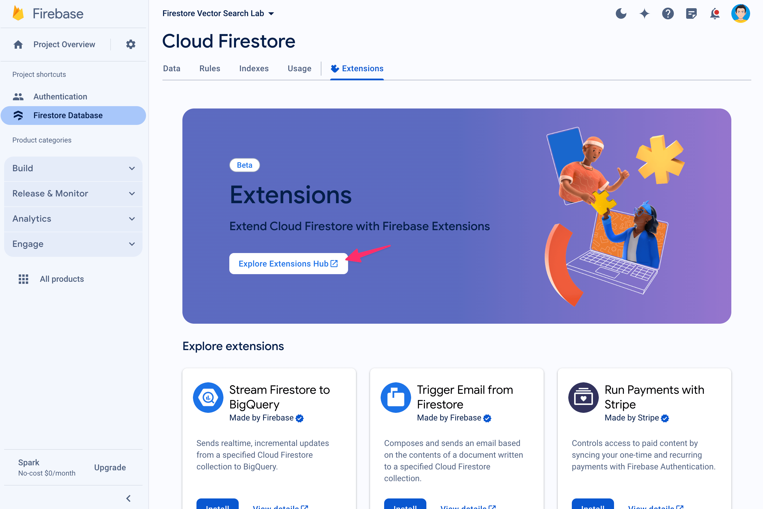 Firestore 控制台中的“Firebase 扩展程序”标签页