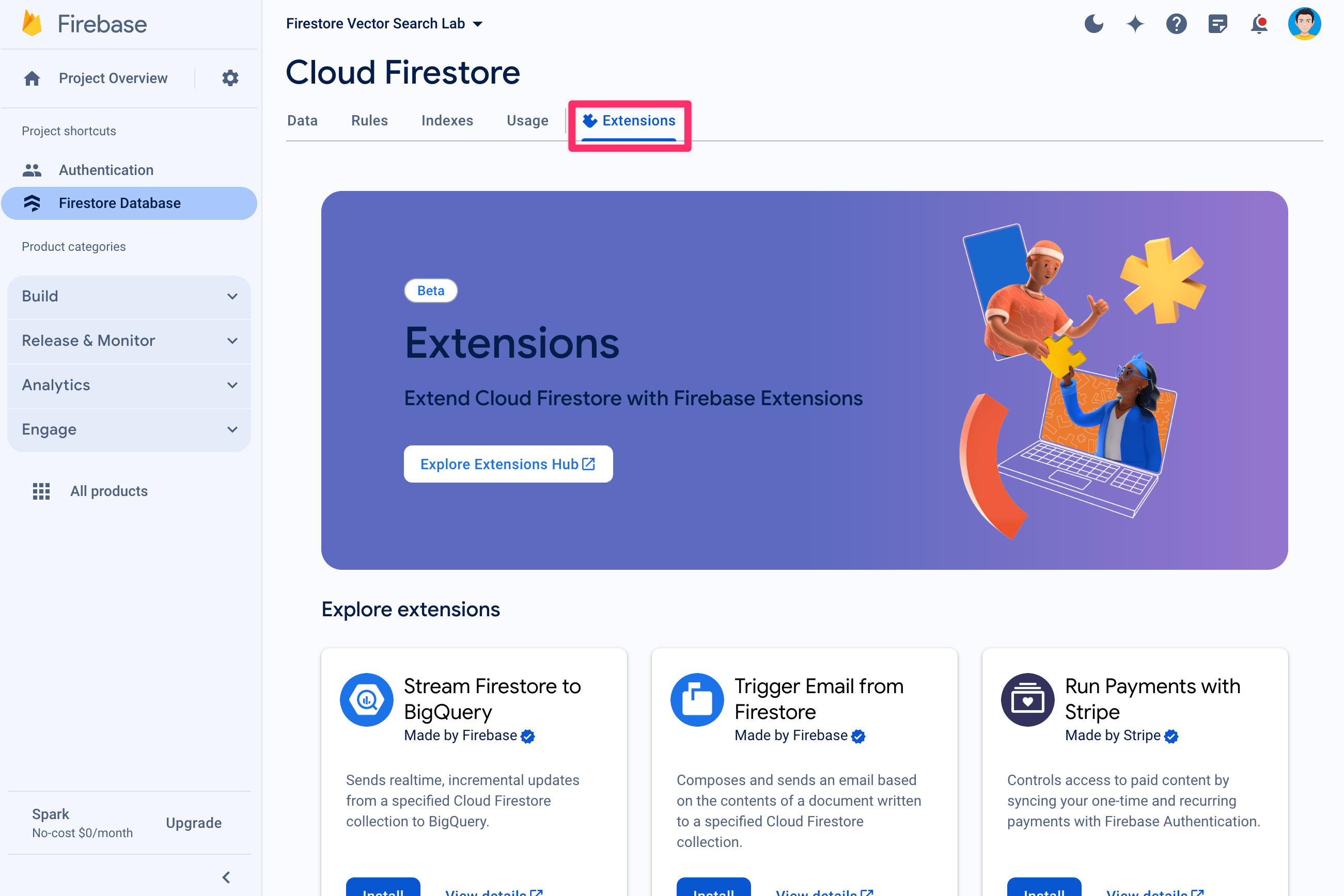 在 Firestore 控制台中选择“Firebase 扩展程序”标签页