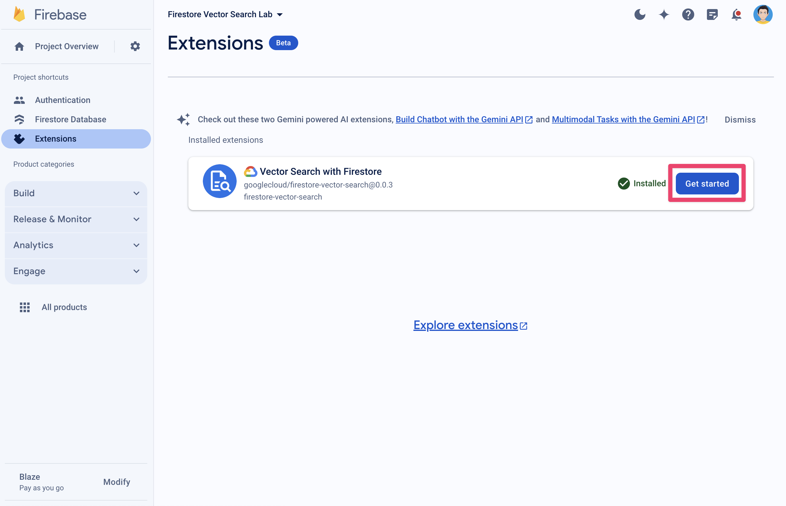 หน้าภาพรวมของ Firebase Extensions ในคอนโซล Firebase